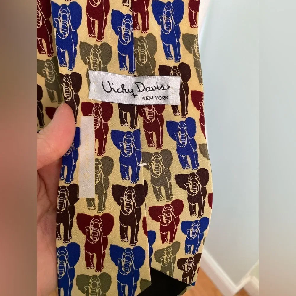 1990s Elephant Patterned Silk Tie by Vichy Davis New York
